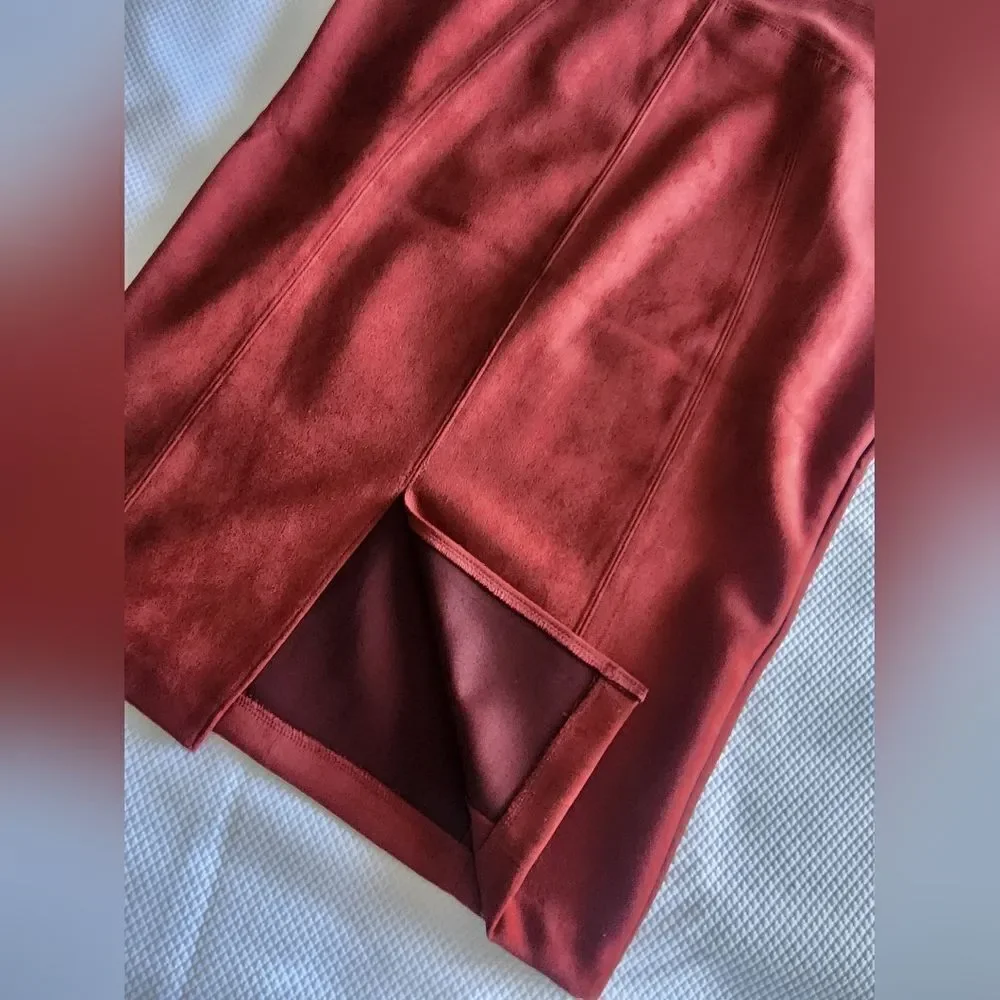 ANDREW MARC faux suede Red Pencil Skirt full control waistband dark Rust Orange